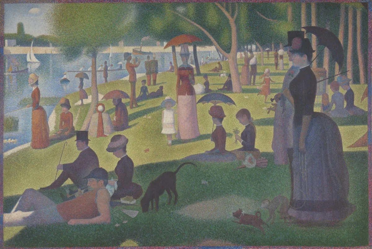 Seurat pointillist painting of people resting and strolling in a sunlit riverside park.