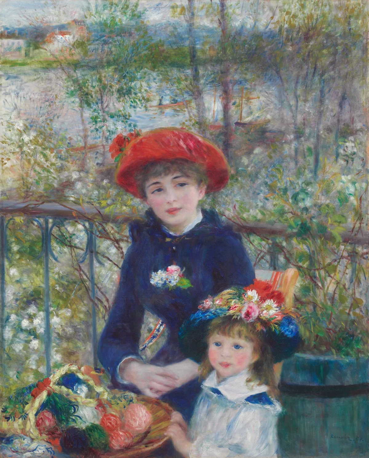 Renoir painting of two girls on a terrace, one in a dark blue dress and red hat, surrounded by flowers and river light.