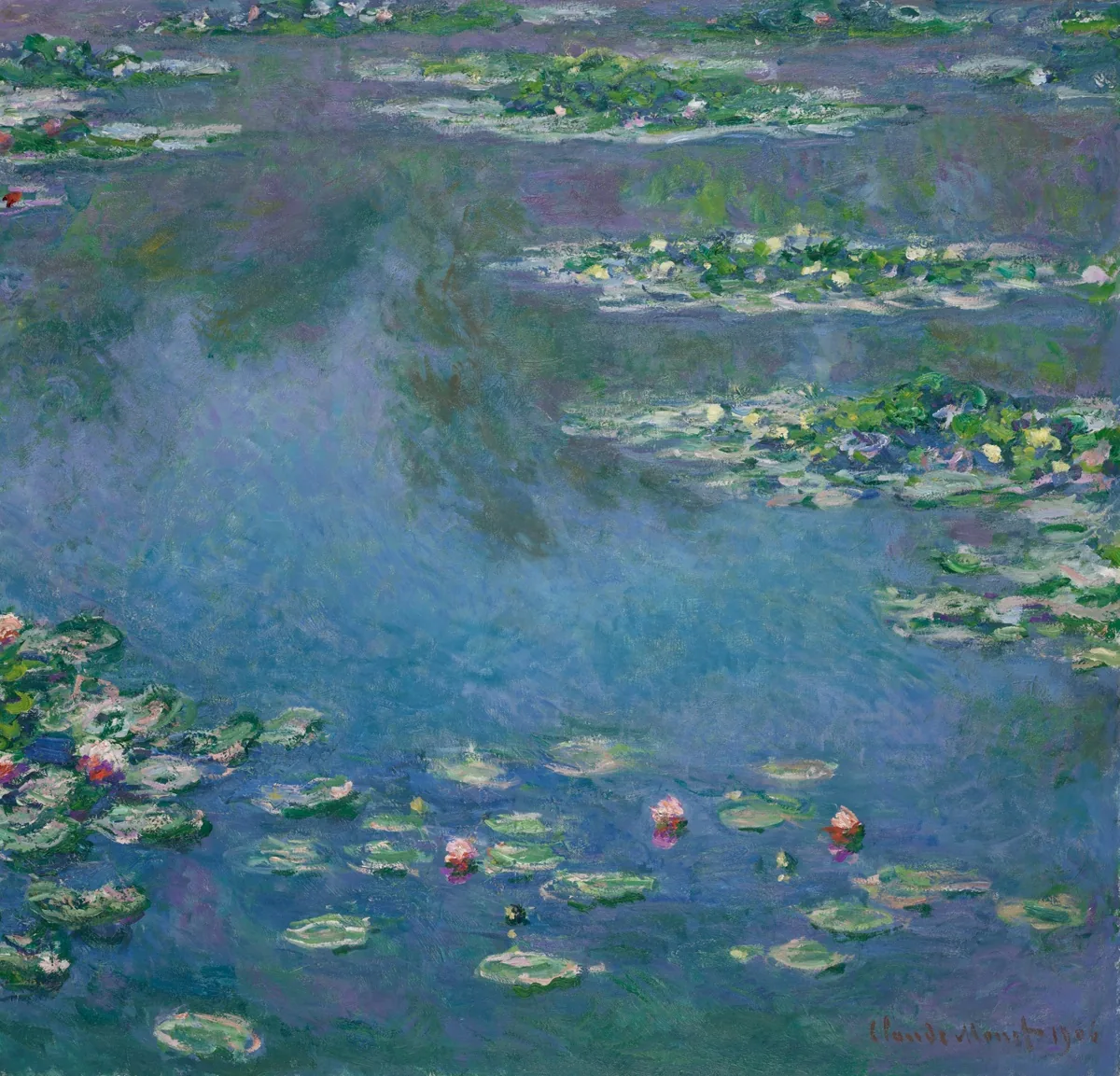 Monet painting of a close pond surface with blue-green reflections and scattered pink and white water lilies.